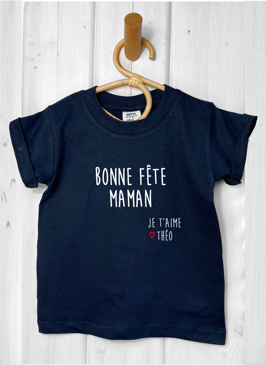 tee-shirt enfant bleu marine à personnaliser pour la fête des mères, bonne fête maman je t&