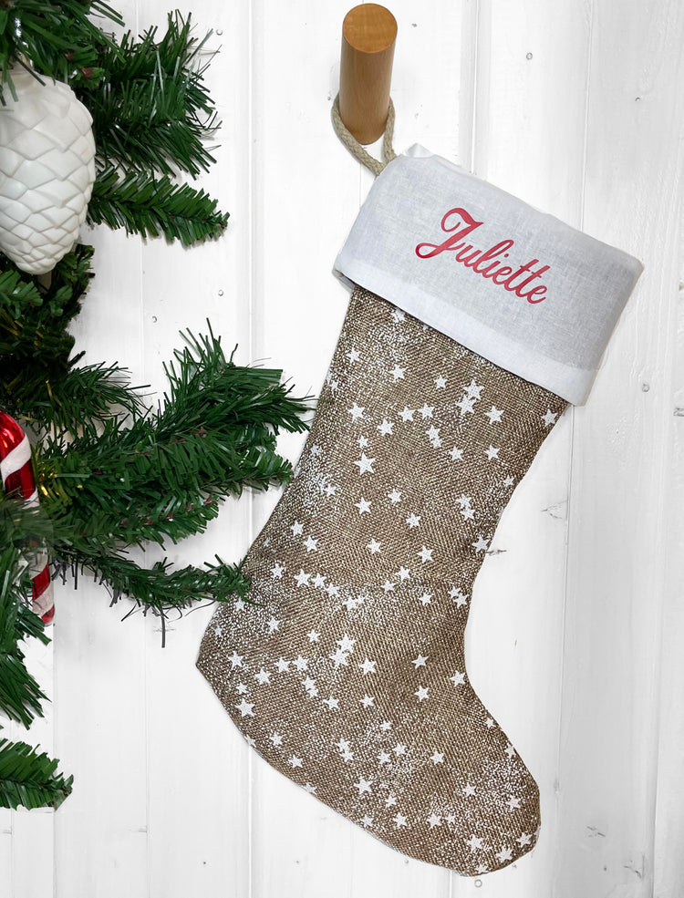 botte chaussette de Noël en jute personnalisable avec prénom enfant