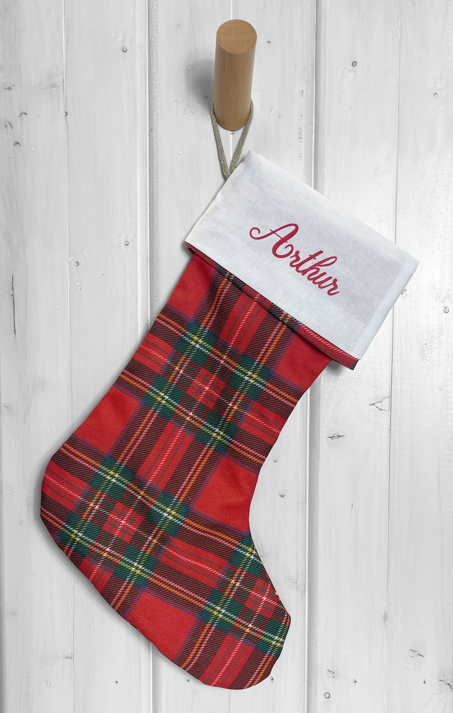 Botte de noel rouge à carreau personnalisable avec prénom